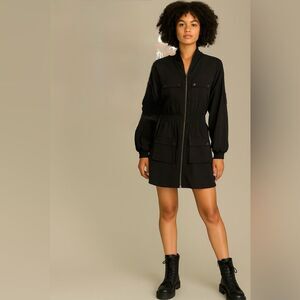 Suki + Solaine Black Utility Mini Dress with Pockets Zip Front Long Sleeve M